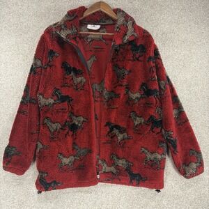 Black Mountain Outdoor Horse Print Fleece Jacket Red Western Vtg M *Broken Zip*